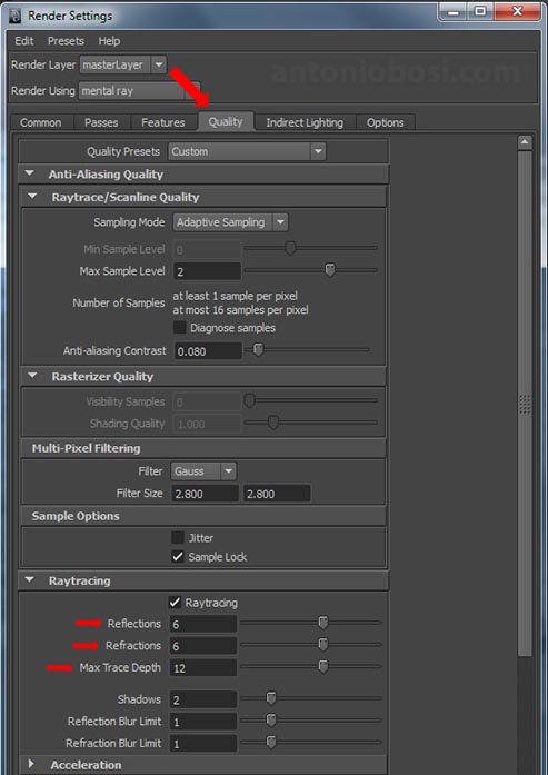 Mental ray render quality tab in maya