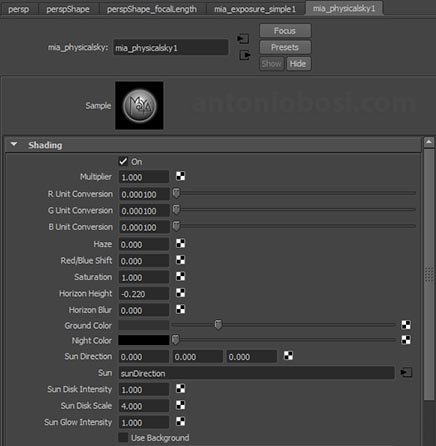 Mental Ray physical sky attributes tab in maya