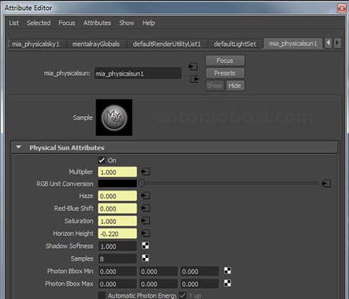 Mental Ray for Maya Physical Sun attributes tab