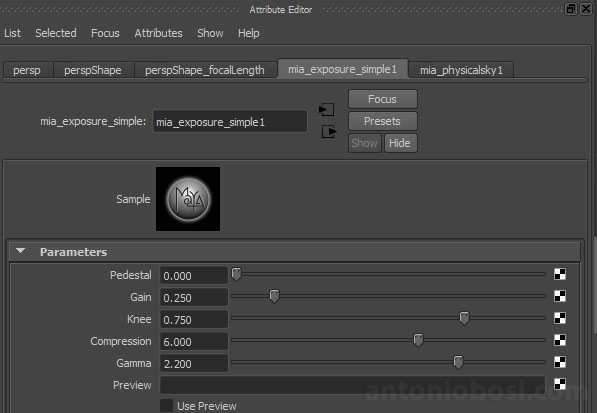 Mental Ray for Maya mia_exposure_simple attributes tab